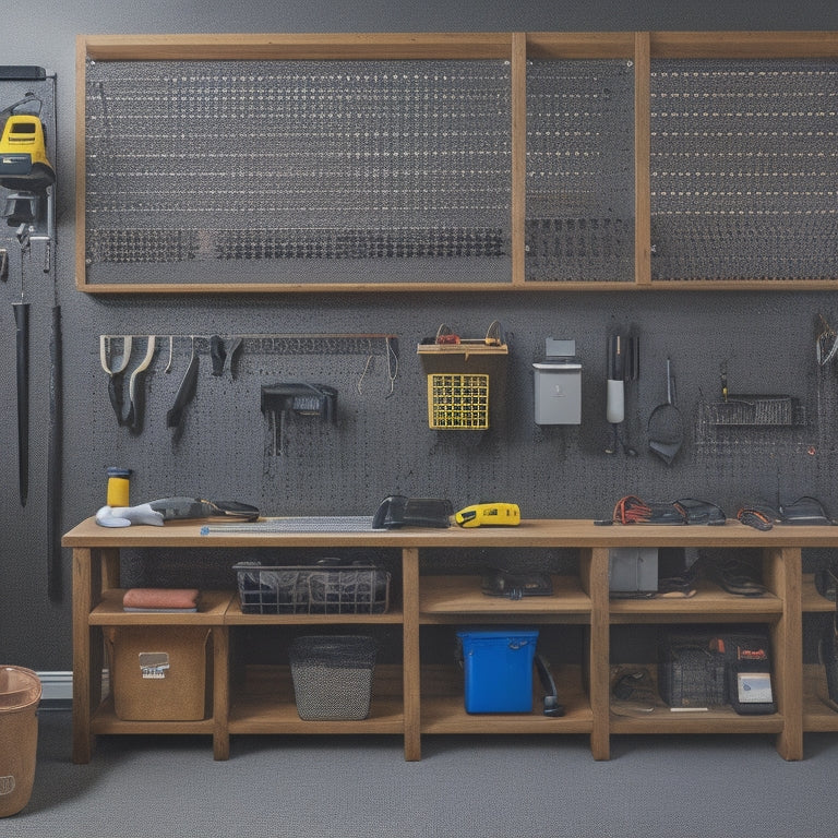 A well-organized garage with a custom pegboard featuring a mix of hooks, bins, and holders, surrounded by a sleek, black-framed workbench and a few strategically placed power tools.