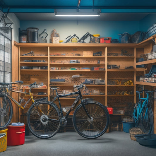 A dimly lit, cluttered garage with scattered tools, bikes, and storage bins, contrasted with a sleek, organized section featuring a custom pegboard, labeled bins, and a neatly hung bike.