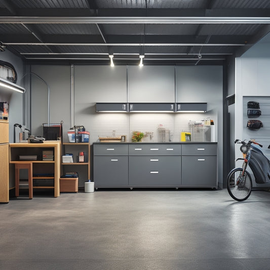 A well-lit, modern garage with sleek, silver storage cabinets, hooks, and bins, showcasing a neatly organized workspace with a parked car, toolbox, and ladder, surrounded by a clean, grey concrete floor.