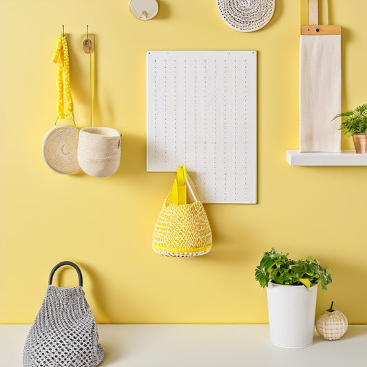 A bright, minimalist space with a lemon-colored pegboard on a white wall, adorned with hooks holding a few tasteful accessories like a woven basket, a leather belt, and a simple keychain.