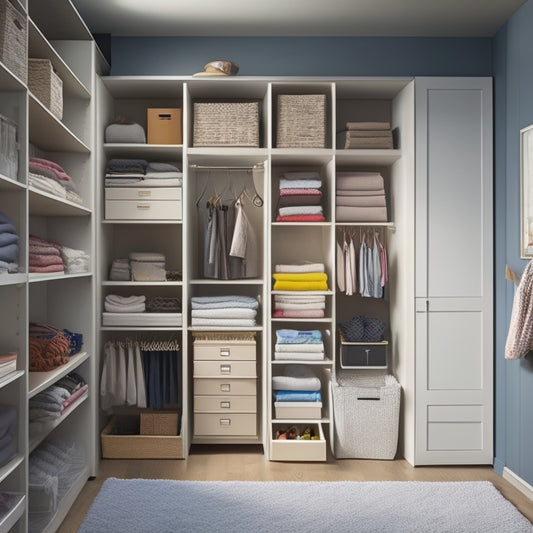 A tidy, well-lit closet with a set of 5-7 storage bins in various sizes, arranged on shelves and the floor, filled with neatly folded clothes, toys, and office supplies, surrounded by a minimalist background.