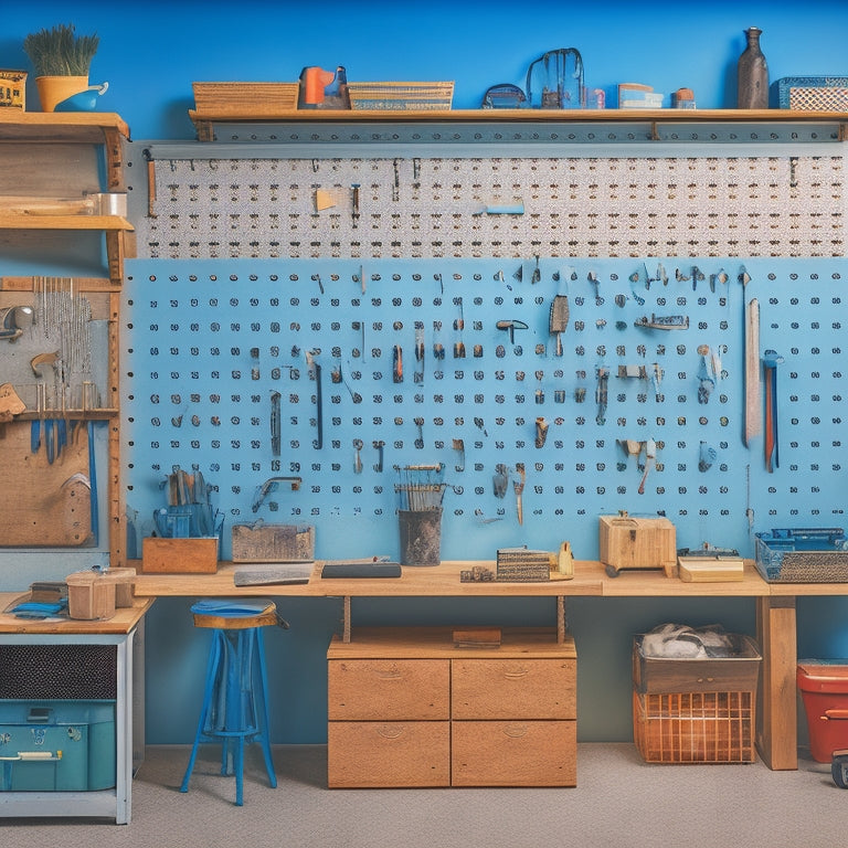 A clutter-free workshop with a pegboard on the wall, holding neatly arranged hand tools, and a nearby workbench with labeled drawers and a tool chest in the corner, surrounded by a faint grid pattern.