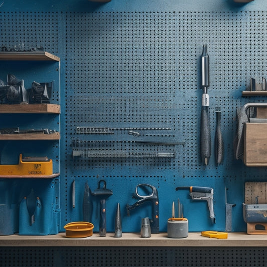 A well-organized pegboard with various tools and accessories, including a drill, level, pliers, screwdrivers, and bins, arranged in a logical and visually appealing way.