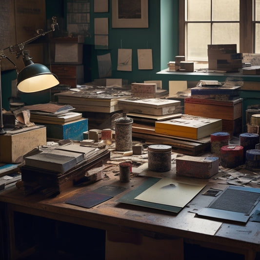 A cluttered, well-lit printmaking studio: wooden blocks, metal etching plates, and ink-stained rollers scattered across a worn worktable, surrounded by paper scraps and half-finished artworks.