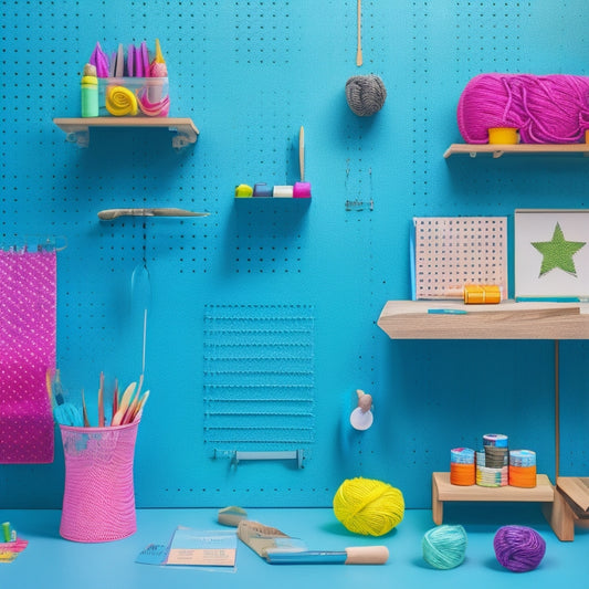 A colorful pegboard with various craft supplies, such as scissors, paintbrushes, and spools of yarn, organized in a visually appealing way, against a light-blue background with a wooden worktable below.