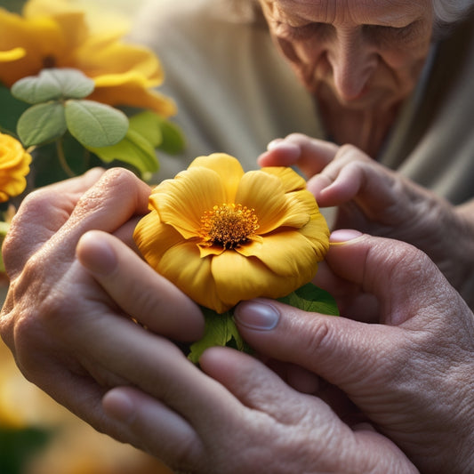 A serene background with warm, golden light; a gentle, older adult's hands holding a blooming flower, surrounded by puzzle pieces, a brain model, and a few colorful, swirling threads.