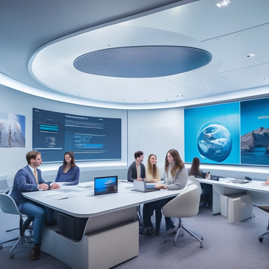 A futuristic, minimalist classroom with virtual reality headsets, 3D holographic models, and sleek, curved screens displaying architectural designs, surrounded by diverse students collaborating and interacting with digital tools.