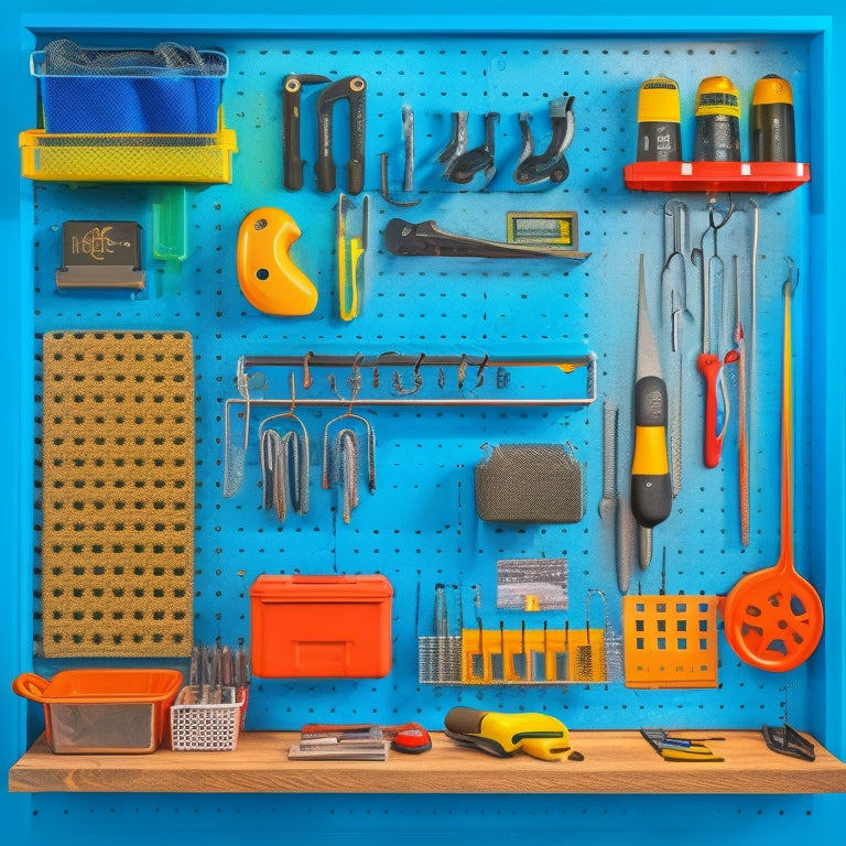 A well-organized pegboard with various hooks, bins, and holders, showcasing a mix of tools, accessories, and supplies, such as wrenches, pliers, screwdrivers, hammers, safety goggles, and a first-aid kit.