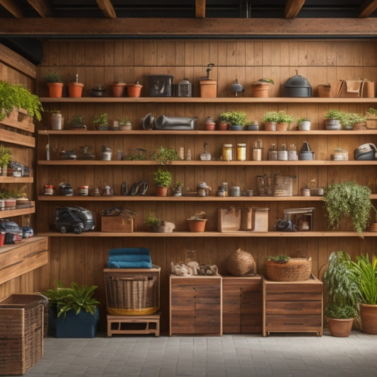 A well-lit, clutter-free garage with three walls of wooden shelving in a warm, honey-brown finish, holding bins, tools, and sports equipment, with a few decorative plants on top shelves.