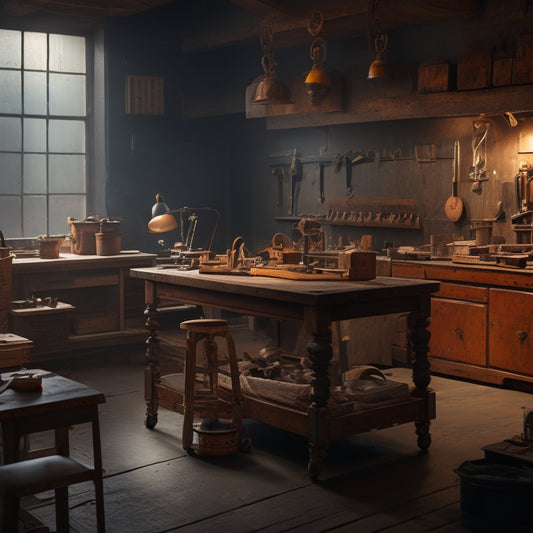 A dimly lit professional workshop with three heavy-duty wooden workbenches, each with varying sizes and designs, surrounded by tools and machinery, with a subtle hint of wood shavings and oil stains.