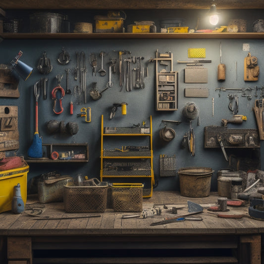 A cluttered workshop or garage with various tools and accessories scattered around, with a blank pegboard in the center, surrounded by 10 DIY pegboard hooks and accessories made from repurposed items.