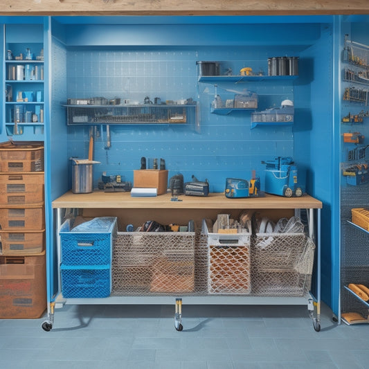 A well-organized workshop with a pegboard-covered wall, labeled bins, and a mobile tool cart with a vice and drawers, surrounded by a clean and clutter-free floor with a few strategically placed floor mats.