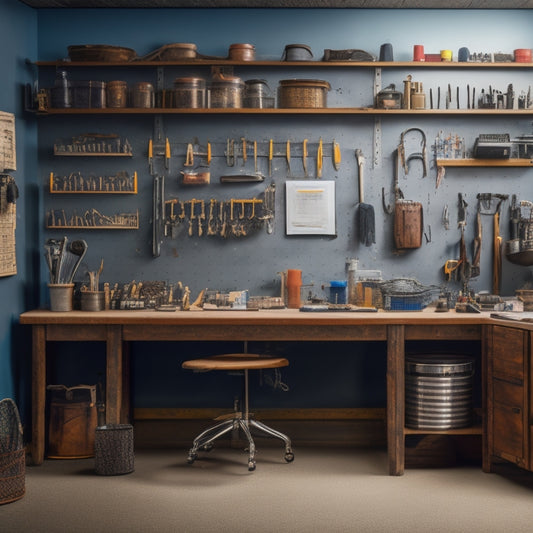 A clutter-free workshop with a sturdy, metallic workbench featuring three spacious shelves, various tools and equipment organized neatly, and a pegboard on the back wall with hanging accessories.