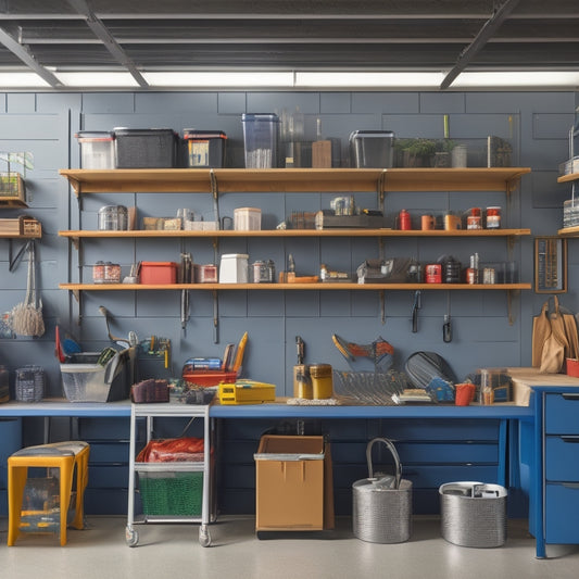 A tidy garage with a workbench and slatwall, featuring various storage containers in different shapes, sizes, and colors, including stackable bins, metal shelves, and hanging baskets.