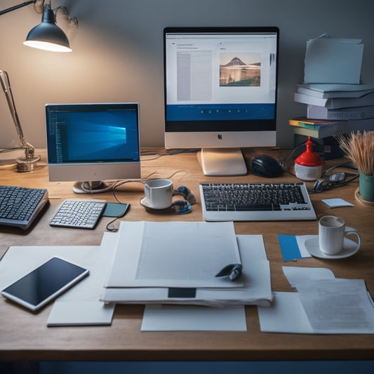 A cluttered desk with piles of papers, tangled cords, and an outdated computer, surrounded by a subtle background of chaos, contrasted with a serene, minimalist digital interface on a modern tablet in the corner.