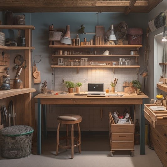 A clutter-free, well-lit workshop in a small space, with a compact workbench, pegboard with neatly organized tools, and a small storage loft with sliding ladder, surrounded by minimal, calming decor.