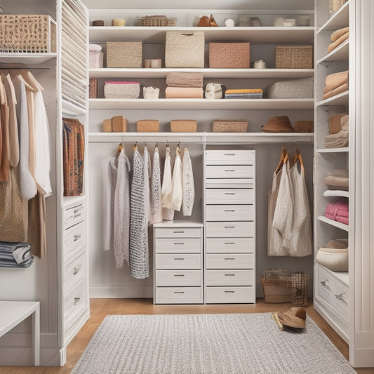 A serene, well-lit closet space with 5 distinct sections, each showcasing a different storage solution: baskets, shelves, hooks, bins, and a pegboard, all neatly organized and clutter-free.