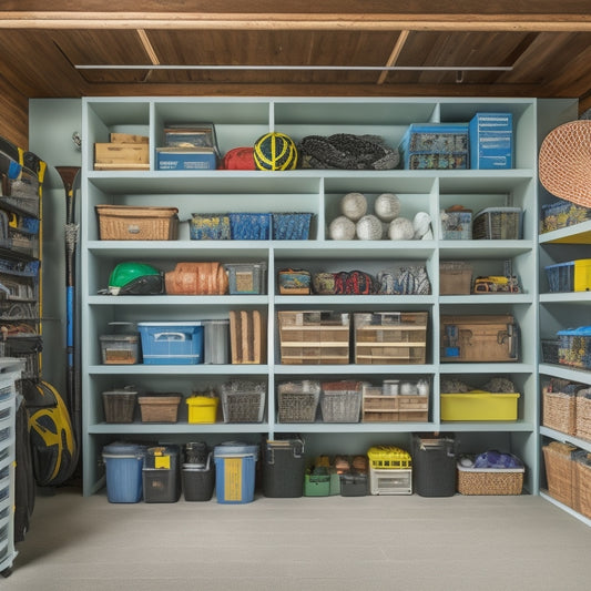 A well-organized garage with 5-7 storage tubs of varying sizes, stacked and arranged on shelves and on the floor, holding neatly folded items like tools, sports equipment, and seasonal decorations.