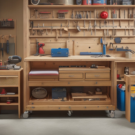 A clutter-free workshop with a central, cherry-wood rolling tool box featuring five drawers of varying sizes, surrounded by organized tools, a workbench, and a pegboard with hanging accessories.