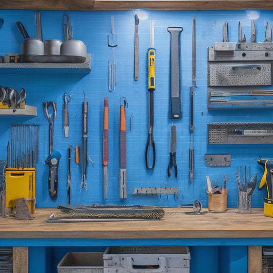 A clutter-free workshop with a pegboard on the wall, holding various tools like wrenches, pliers, and screwdrivers, with a few tools in use on a nearby workbench, surrounded by a tidy floor.
