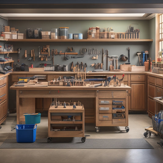 A clutter-free workshop with a sturdy rolling tool workbench at its center, surrounded by neatly organized tools and storage bins, with a few projects in progress on the work surface.