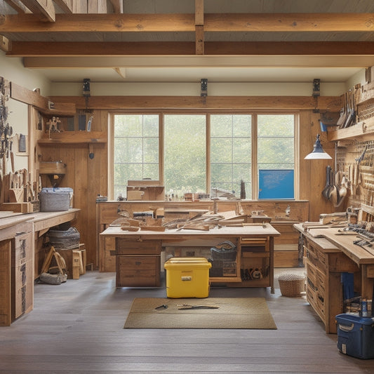 A clutter-free woodworking shop with a large, wooden workbench in the center, surrounded by organized toolboxes, a pegboard with hanging tools, and a whiteboard with a partially filled calendar and to-do list.