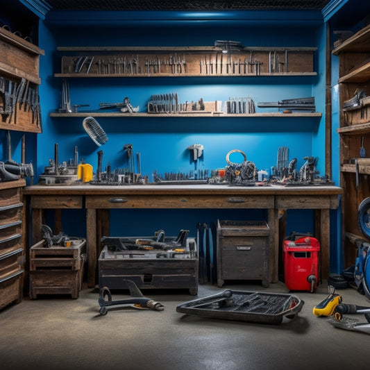 A clutter-free workshop with five tool carts, each with a unique set of attached tools, such as wrenches, pliers, and screwdrivers, arranged in a harmonious and organized manner.