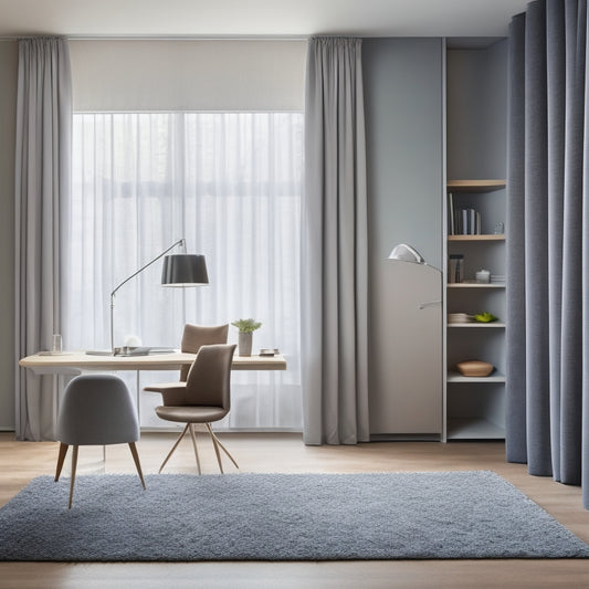 A minimalist, modern studio apartment with a murphy bed, wall-mounted desk, and storage ottoman, surrounded by sleek, floor-to-ceiling curtains and a compact, circular dining table with two chairs.