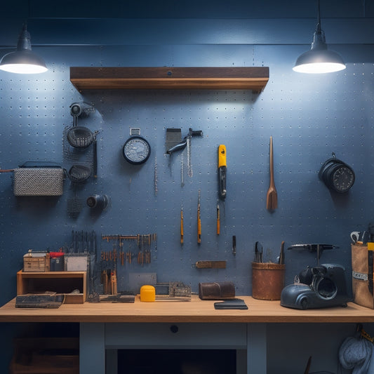 A brightly lit, modern workshop with a large, silver Plantex metal pegboard mounted on a wall, holding various tools and accessories, surrounded by a tidy, organized workspace.