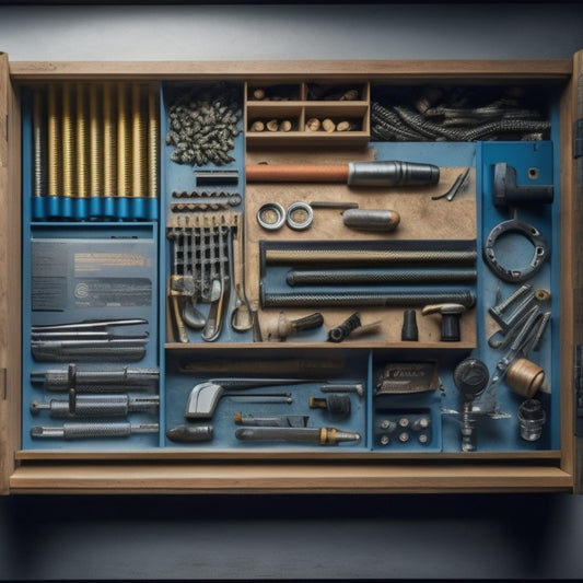 A well-organized parts drawer with divided compartments, containing various small workshop items like screws, nuts, and bolts, arranged by type and size, with a few hand tools and measuring devices neatly stored.