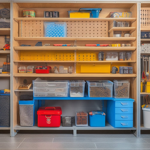 A clutter-free garage with a pegboard, toolbox, and five storage boxes of varying sizes, each with transparent lids, organized by labels, and filled with neatly arranged tools, nuts, and bolts.