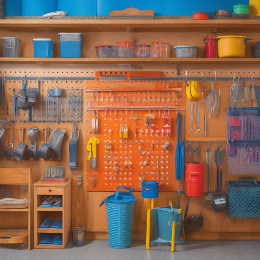 A clutter-free garage with a pegboard displaying a variety of hanging tool organizers, including a socket holder, a wrench rack, and a tool bucket, with a few tools suspended from hooks.