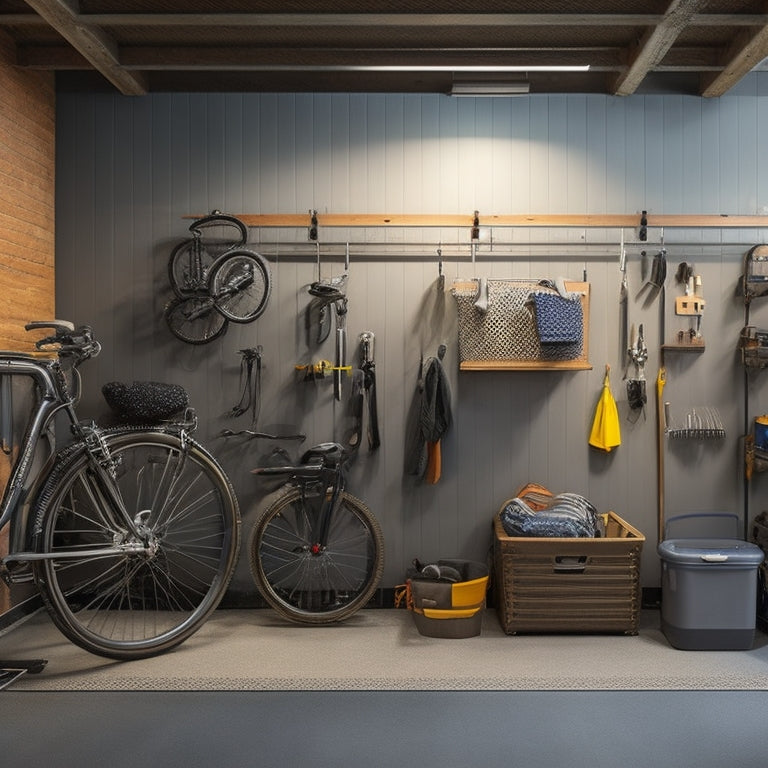 A well-lit garage interior with various essential hooks, including heavy-duty hooks for bicycles, tool organizers with metal pegboards, and slatwall-mounted hooks for hanging accessories, against a clean, gray concrete floor.