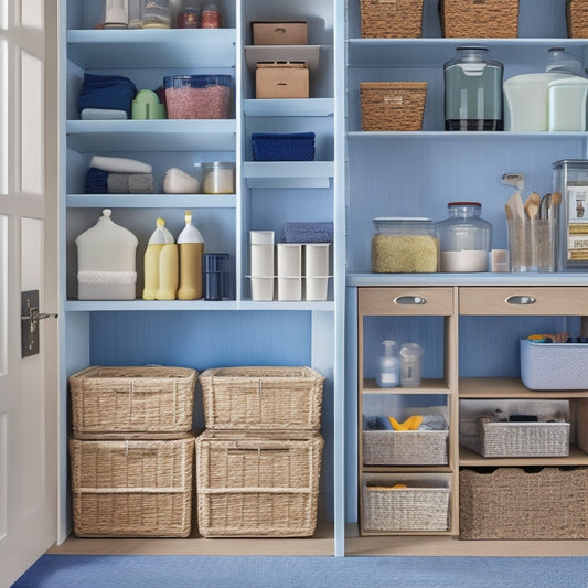 A neatly organized cabinet with 5-7 storage bins of varying sizes, shapes, and materials (wicker, fabric, plastic) filled with household items like cleaning supplies, linens, and kitchen utensils.
