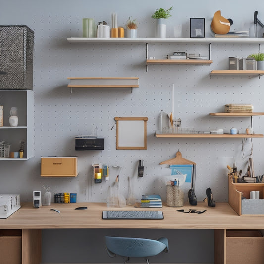 A tidy, modern apartment workspace with a pegboard on the wall, holding neatly arranged tools and accessories, surrounded by a minimalist desk, a small shelving unit, and a compact storage bin.