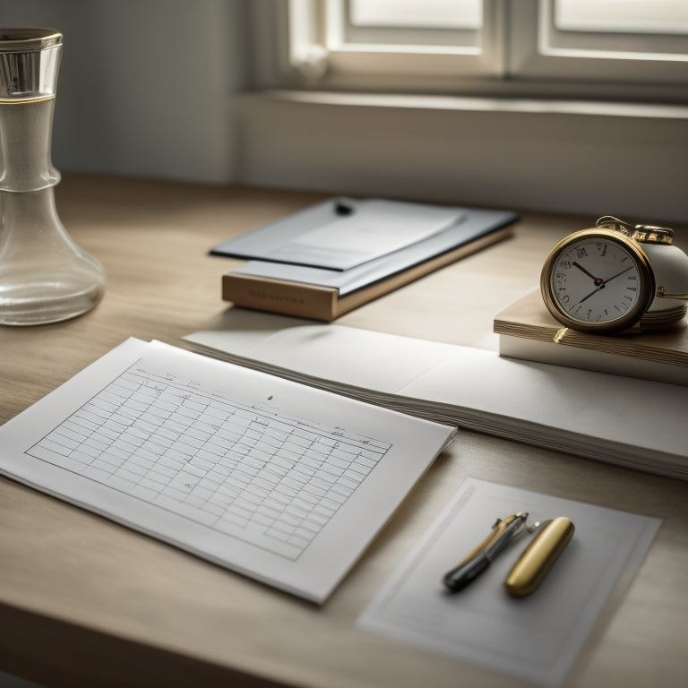 A tidy desk with a minimalist calendar, a small clock, and a few pens aligned in a row, surrounded by a faint outline of a clock's circle, symbolizing effective time management.