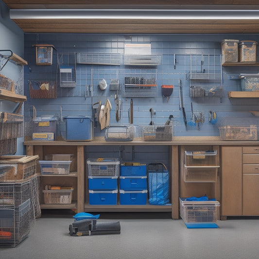A well-organized garage with a sturdy workbench featuring a vice, pegboard, and built-in cabinets, surrounded by labeled bins, tool chests, and a slatwall with hooks and baskets.