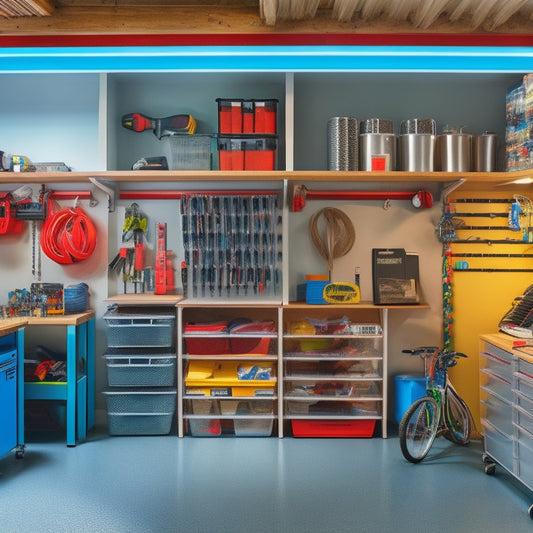 A tidy garage with neatly arranged bins of varying sizes, labeled with colored stickers, sitting on shelving units and hanging from pegboards, surrounded by a few organized tools and a sleek, silver sports car.