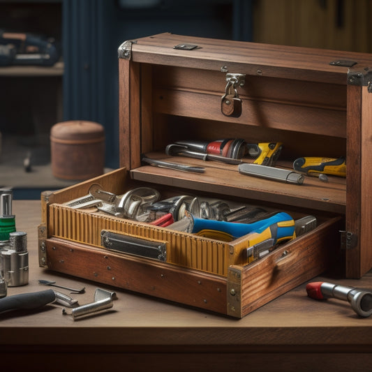 A sturdy, wooden tool chest with a slightly ajar lid, revealing a neatly organized interior with a cordless drill, pliers, wrench, tape measure, and a level, surrounded by scattered screws and bolts.