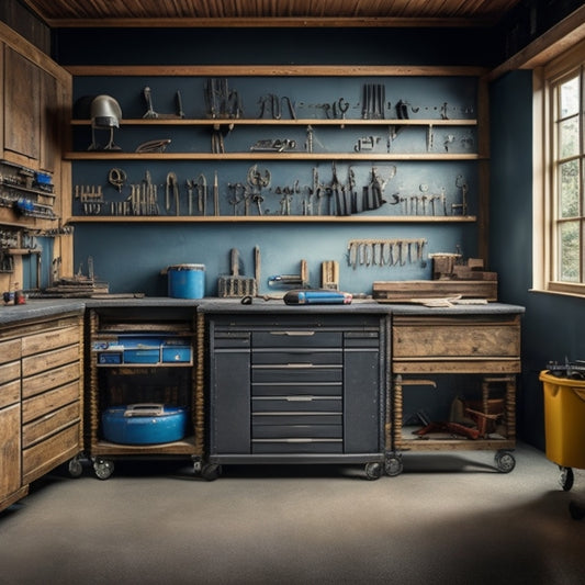 A clutter-free workshop with a large, metal rolling tool chest in the center, its drawers open to reveal organized rows of wrenches, pliers, and screwdrivers, surrounded by a workbench and various power tools.