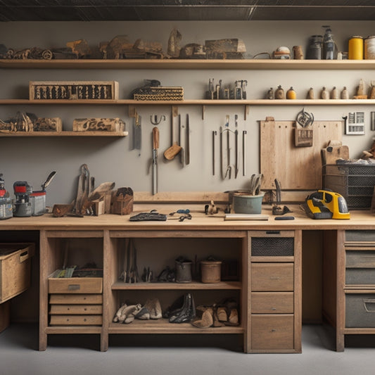 A tidy workshop with a central workbench, surrounded by labeled bins, color-coded tool chests, and a pegboard with hooks, set against a clean, light-gray background with subtle wood grain texture.