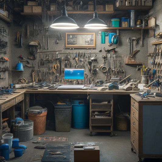 A cluttered workshop with scattered tools and parts, with a few tools hanging from pegboards and others lying on a workbench, surrounded by chaos and disorganization, contrasted with a clean and organized spreadsheet on a nearby computer screen.
