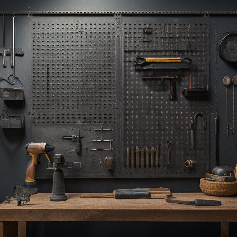 An image featuring a large, metallic pegboard with multiple heavy-duty hooks of varying sizes, loaded with industrial tools and equipment, set against a dark, gritty background with subtle shadows.