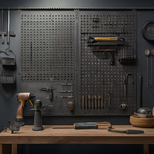 An image featuring a large, metallic pegboard with multiple heavy-duty hooks of varying sizes, loaded with industrial tools and equipment, set against a dark, gritty background with subtle shadows.