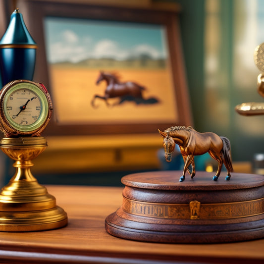 A golden horse racing trophy centered on a worn, oak-wooden desk, surrounded by scattered racing forms, binoculars, and a vintage stopwatch, with a blurred racetrack background.