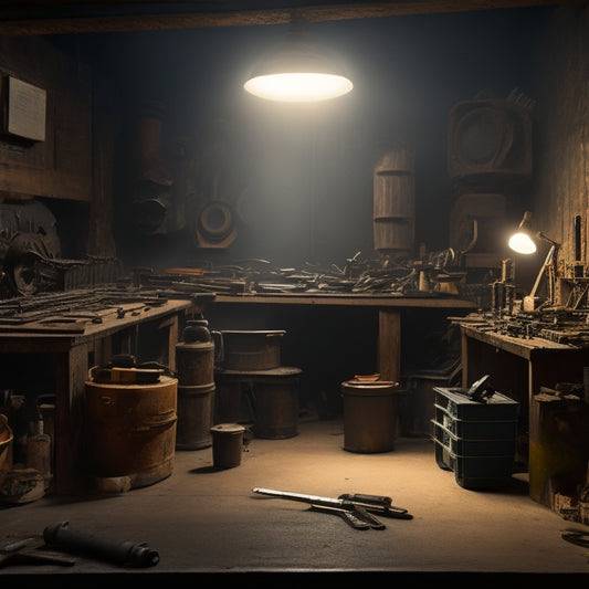 A dimly lit workshop background with multiple small tool boxes of varying sizes and shapes, some open with tools spilling out, others closed with reflective metal exteriors, amidst scattered tools and machinery parts.