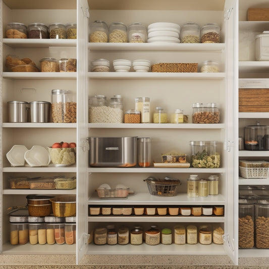 A tidy kitchen pantry with 5-7 shelf bins in various sizes, arranged by category, filled with cookbooks, spices, canned goods, and kitchen utensils, against a soft, creamy background.