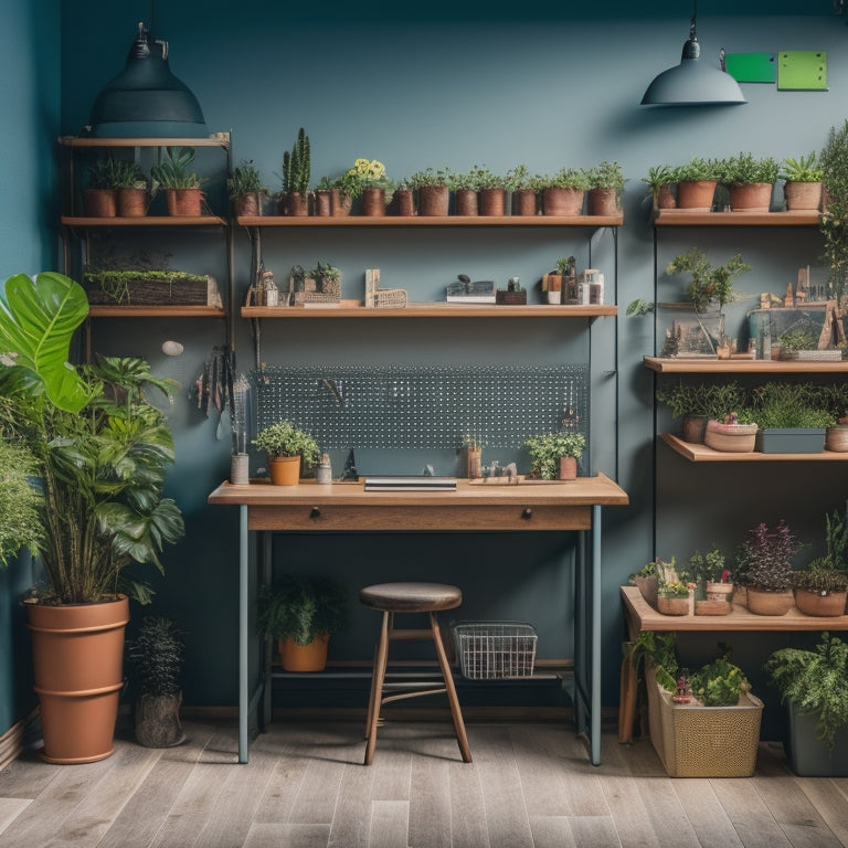 A tidy, well-lit workspace with a large, rectangular framed pegboard on the wall, adorned with various colorful hooks, bins, and tools, surrounded by a few potted plants and a minimalist desk.