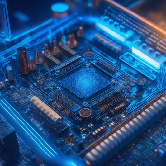 A futuristic, high-tech illustration of a computer's internal components, showcasing a glowing blue motherboard, copper wires, and circuit boards, surrounded by orbiting microchips and gears.