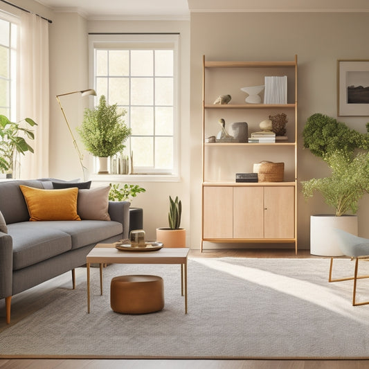 A serene, sunlit living room with a minimalist aesthetic, featuring a sleek, low-profile storage unit, a geometric-patterned rug, and a few, carefully-placed decorative objects on a floating shelf.
